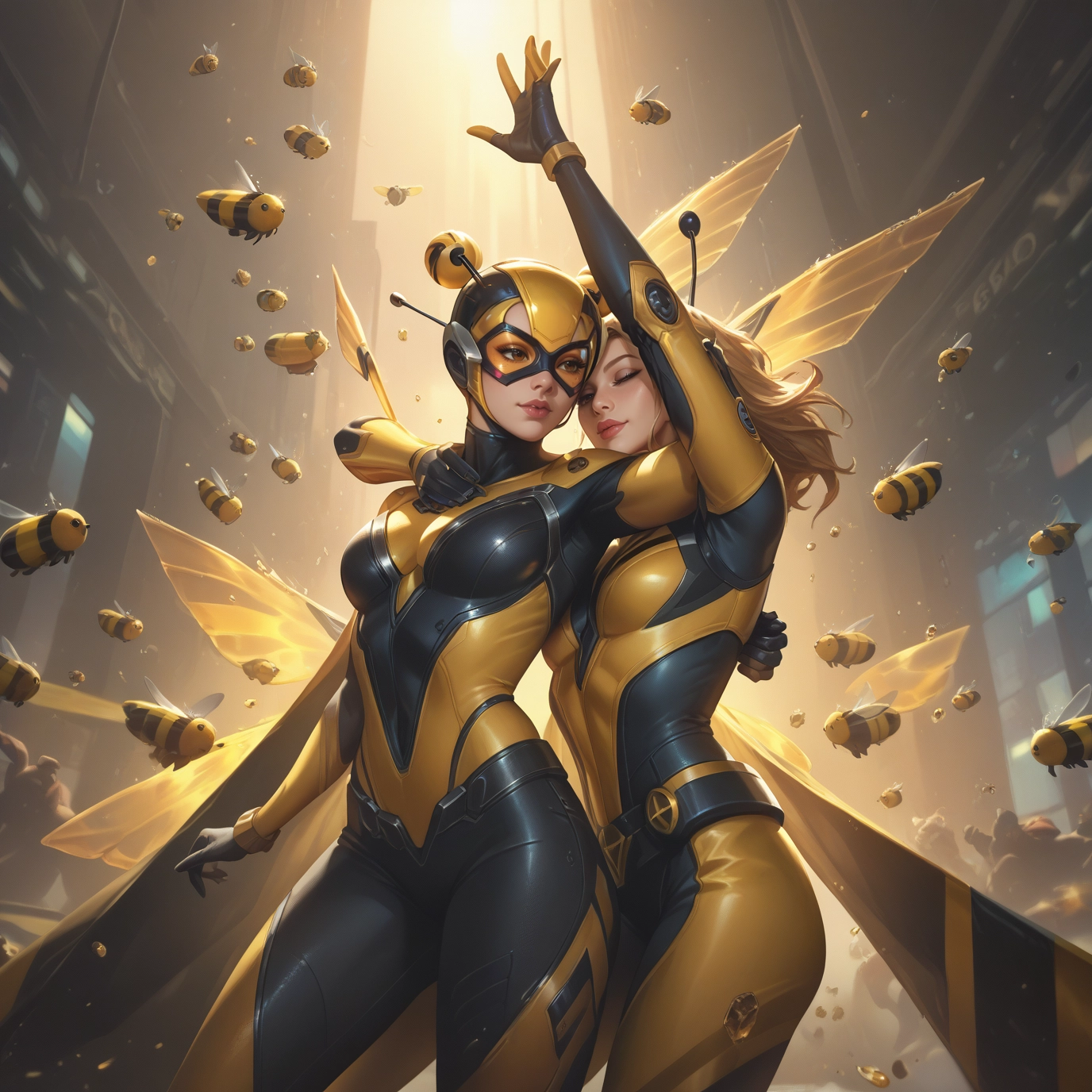 multiple girls, 2girls, bodysuit, wings, breasts, closed eyes · Yamete.gg