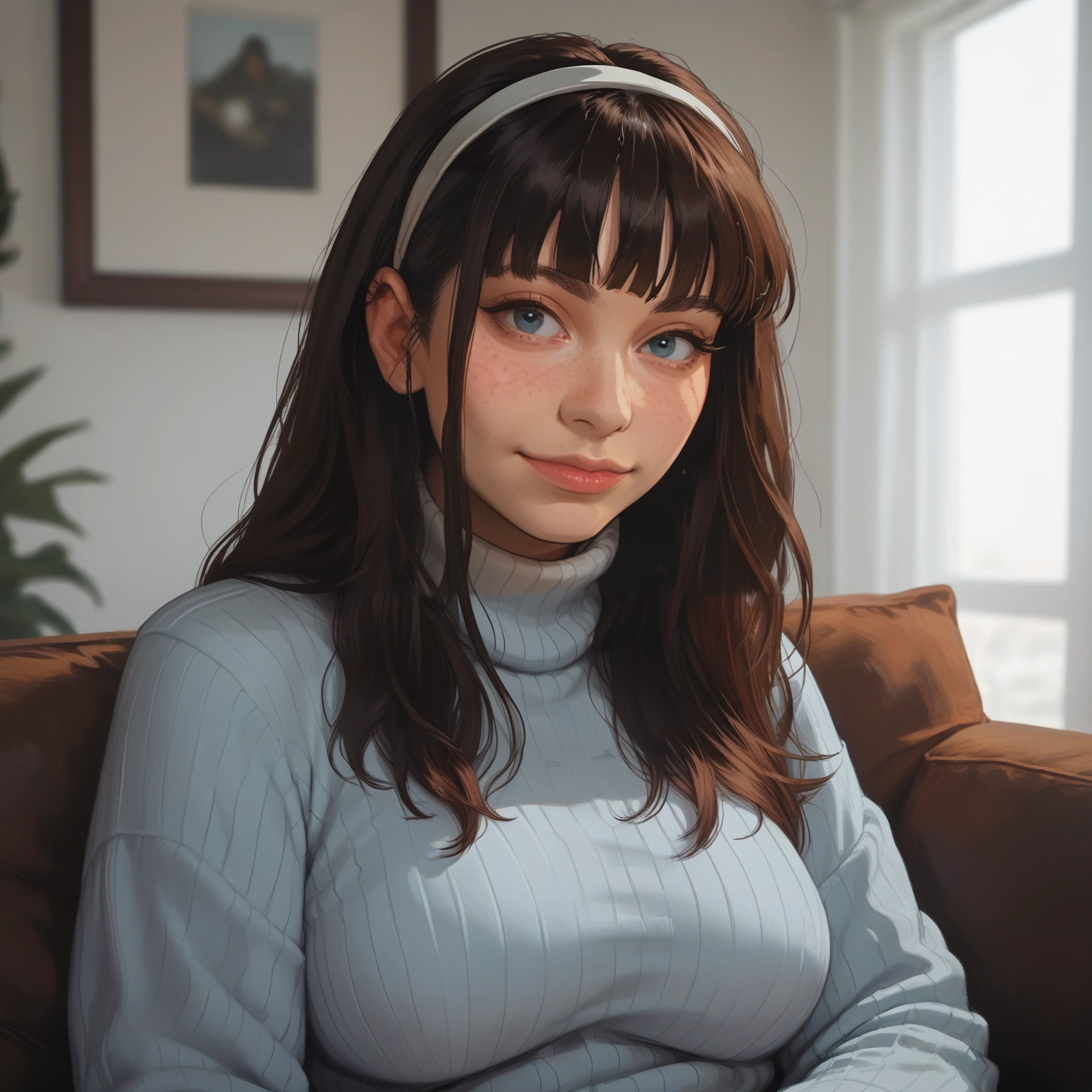 1girl, solo, sweater, blue eyes, hairband, brown hair · Yamete.gg