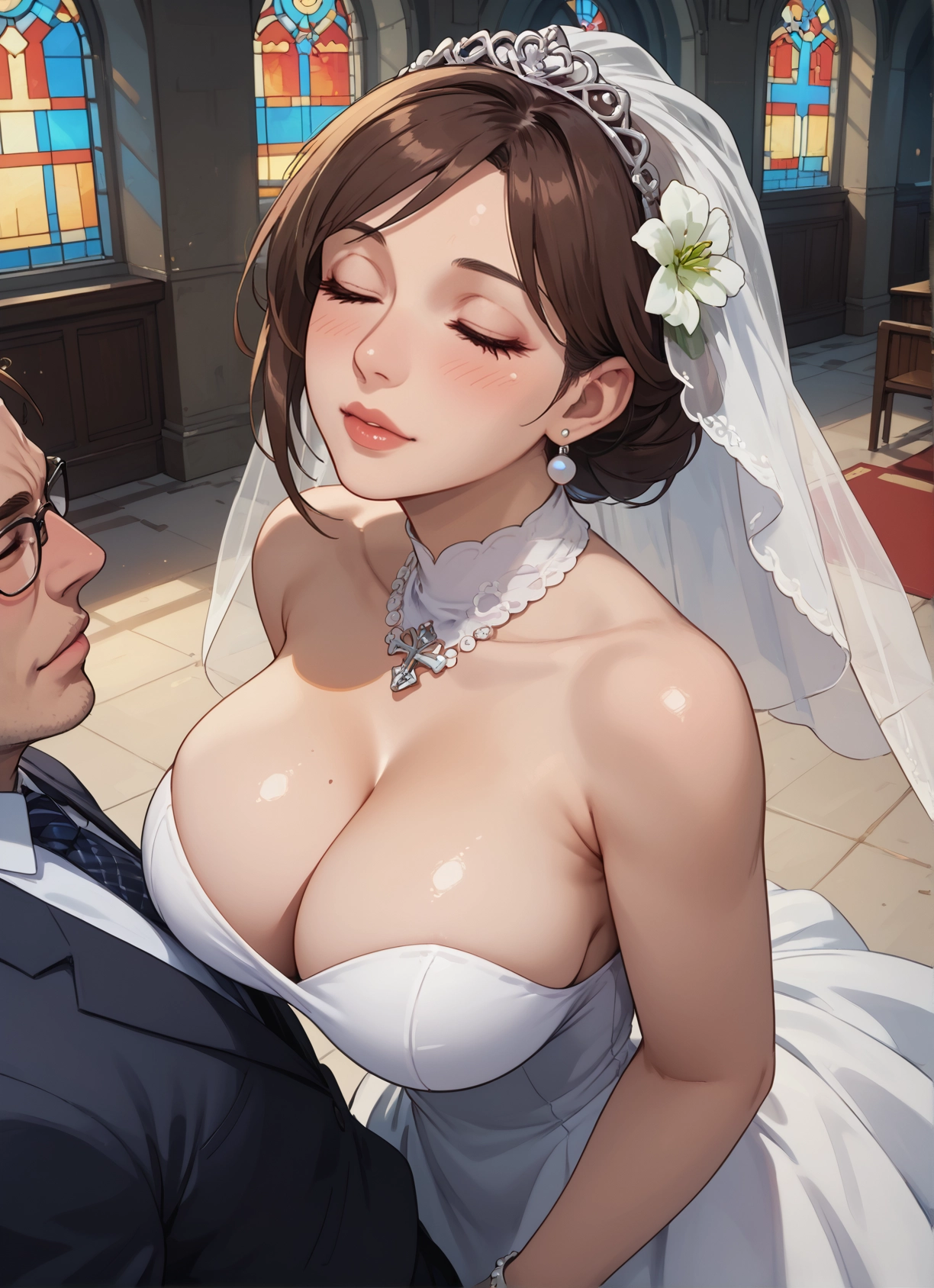 breasts, 1girl, dress, 1boy, brown hair, large breasts · Yamete.gg