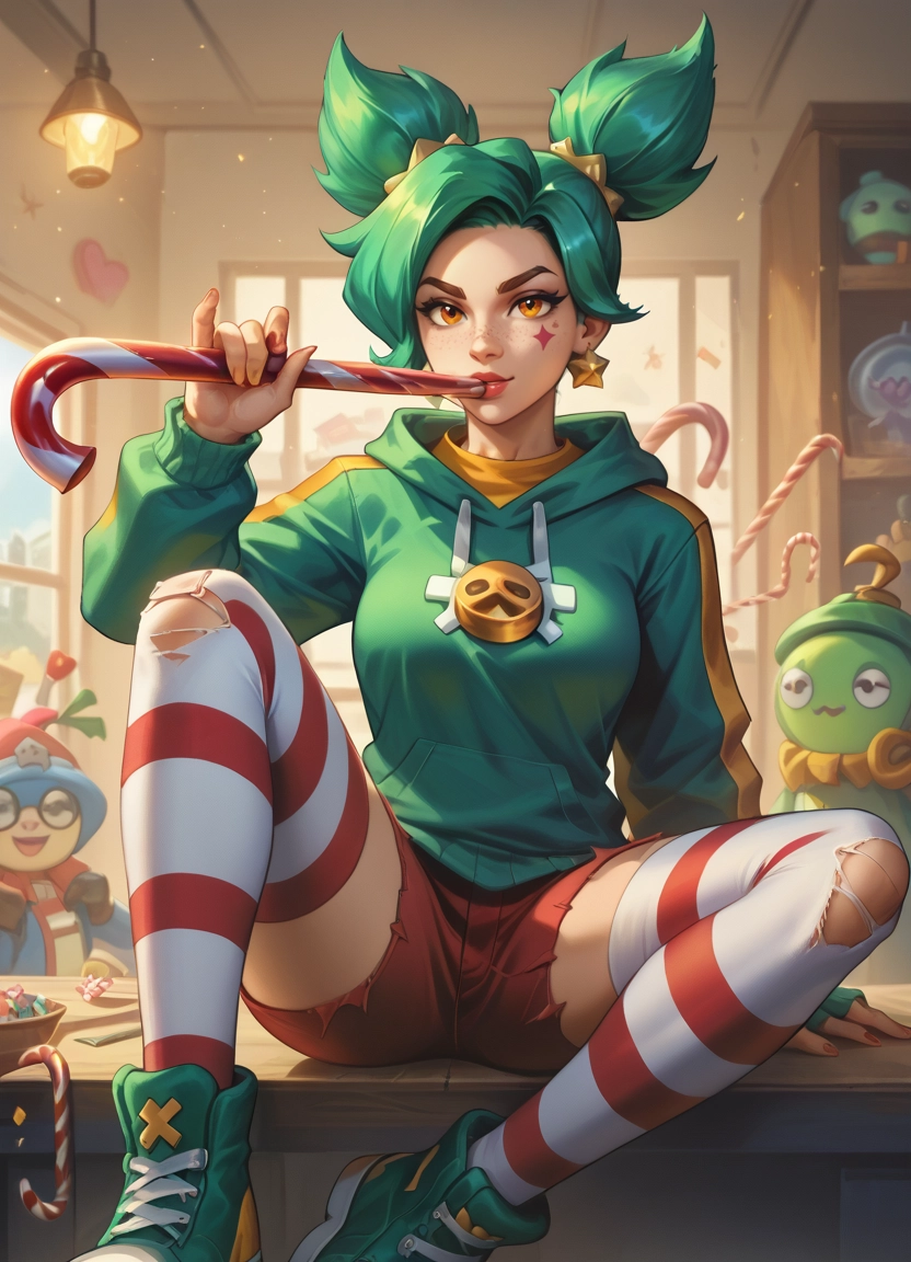 1girl, candy cane, thighhighs, food, shorts, striped clothes · Yamete.gg