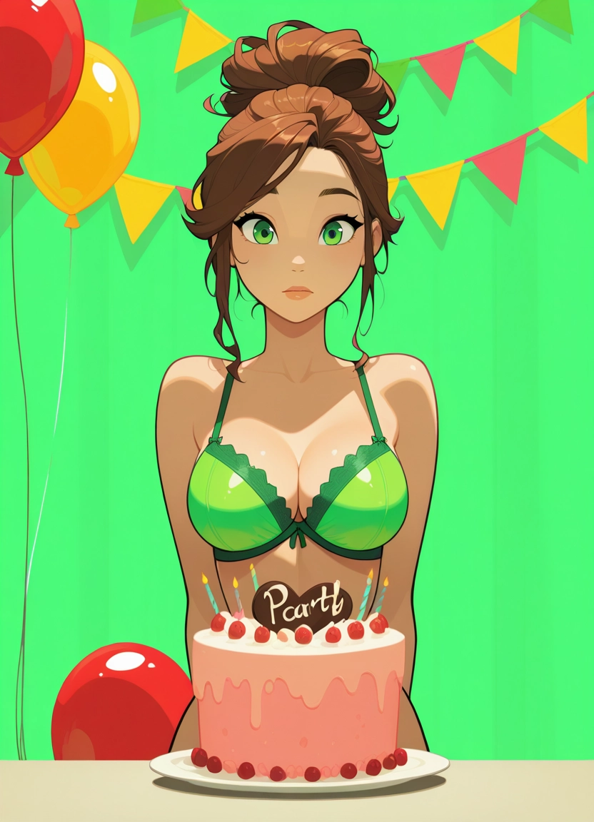 1girl, solo, balloon, green eyes, breasts, brown hair · Yamete.gg