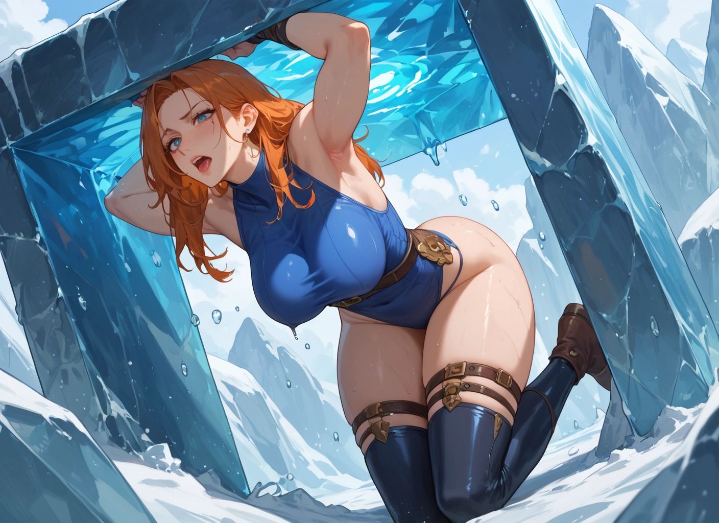 1girl, breasts, thighhighs, blue eyes, leotard, large breasts · Yamete.gg