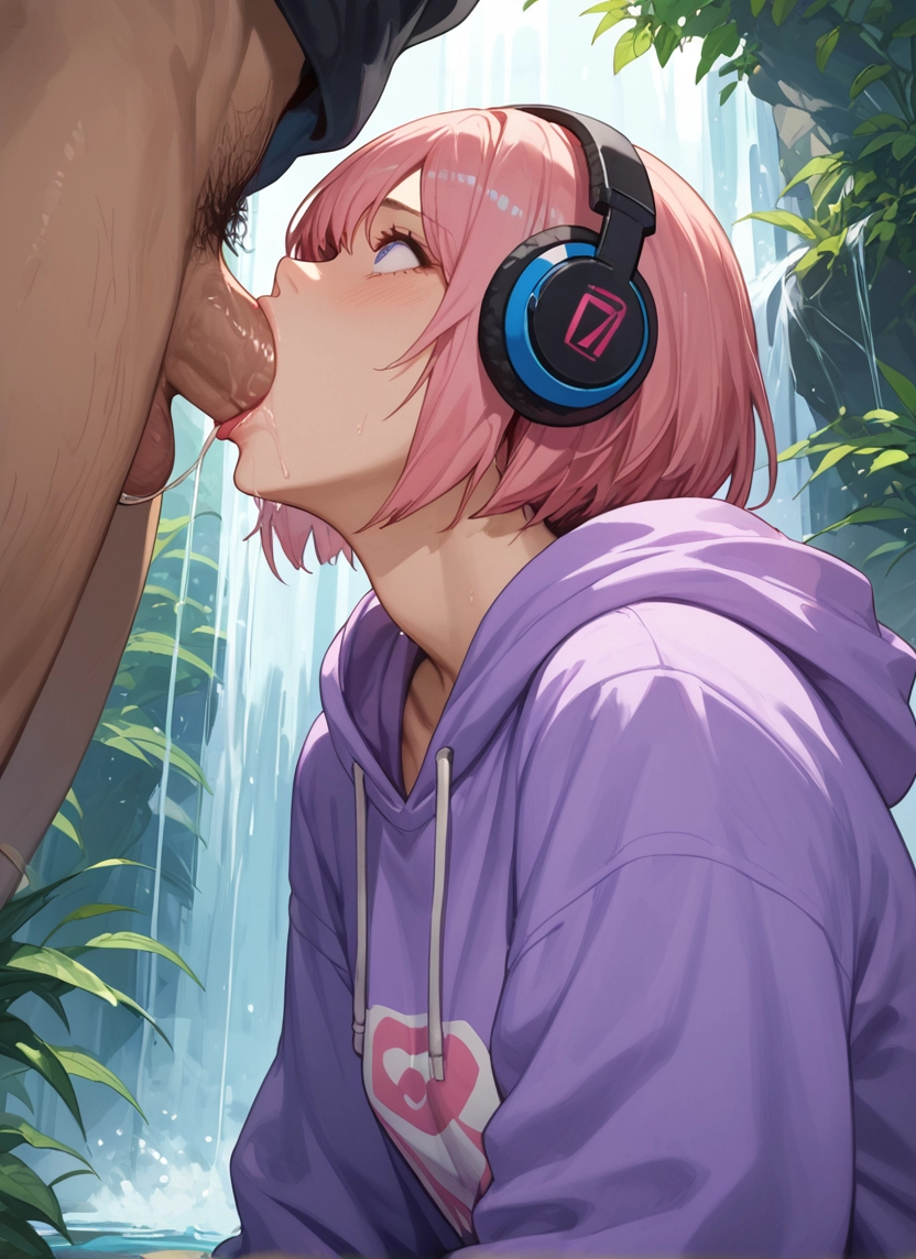 headphones, oral, pink hair, penis, fellatio, hood · Yamete.gg