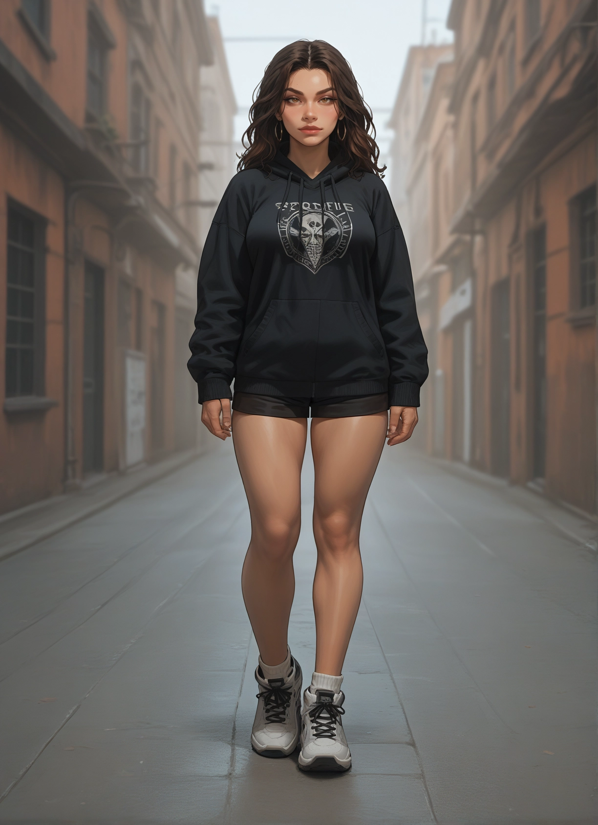 1girl, solo, hood, shorts, hoodie, shoes · Yamete.gg