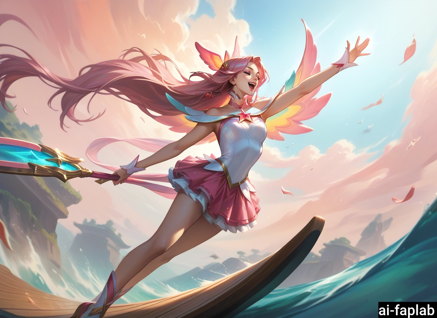 1girl, long hair, watercraft, skirt, pink hair, solo · Yamete.gg