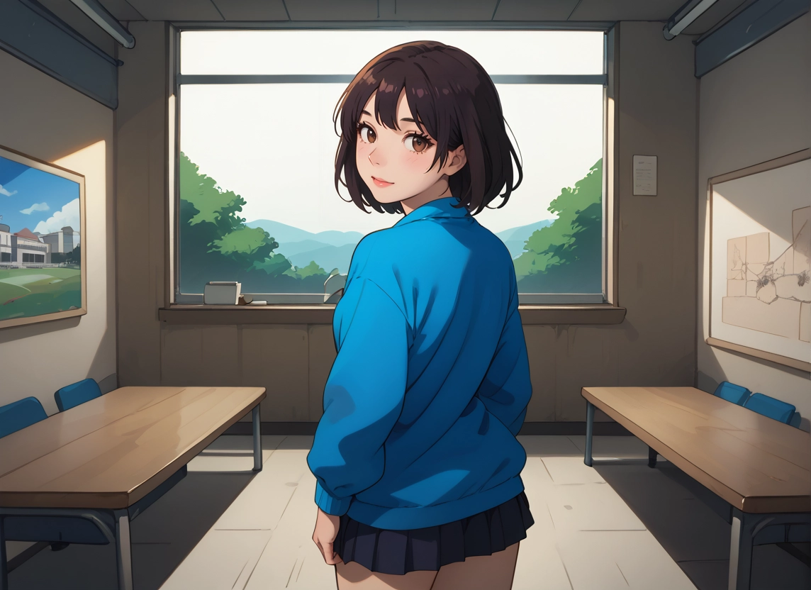 1girl, indoors, skirt, solo, brown eyes, looking at viewer · Yamete.gg