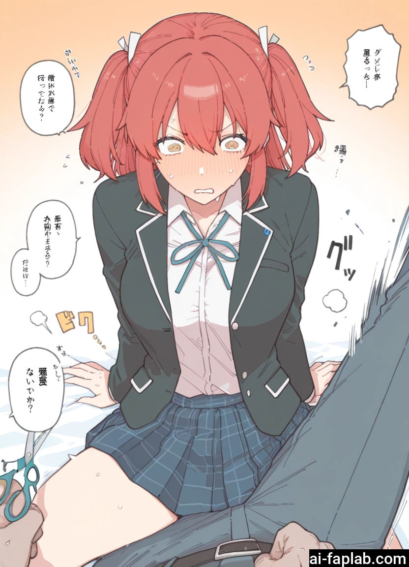 1girl, blush, skirt, scissors, 1boy, school uniform