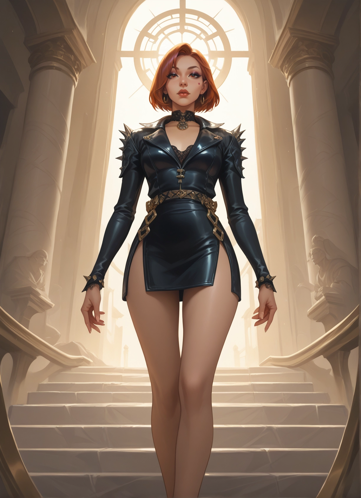 1girl, jewelry, earrings, solo, spikes, stairs · Yamete.gg