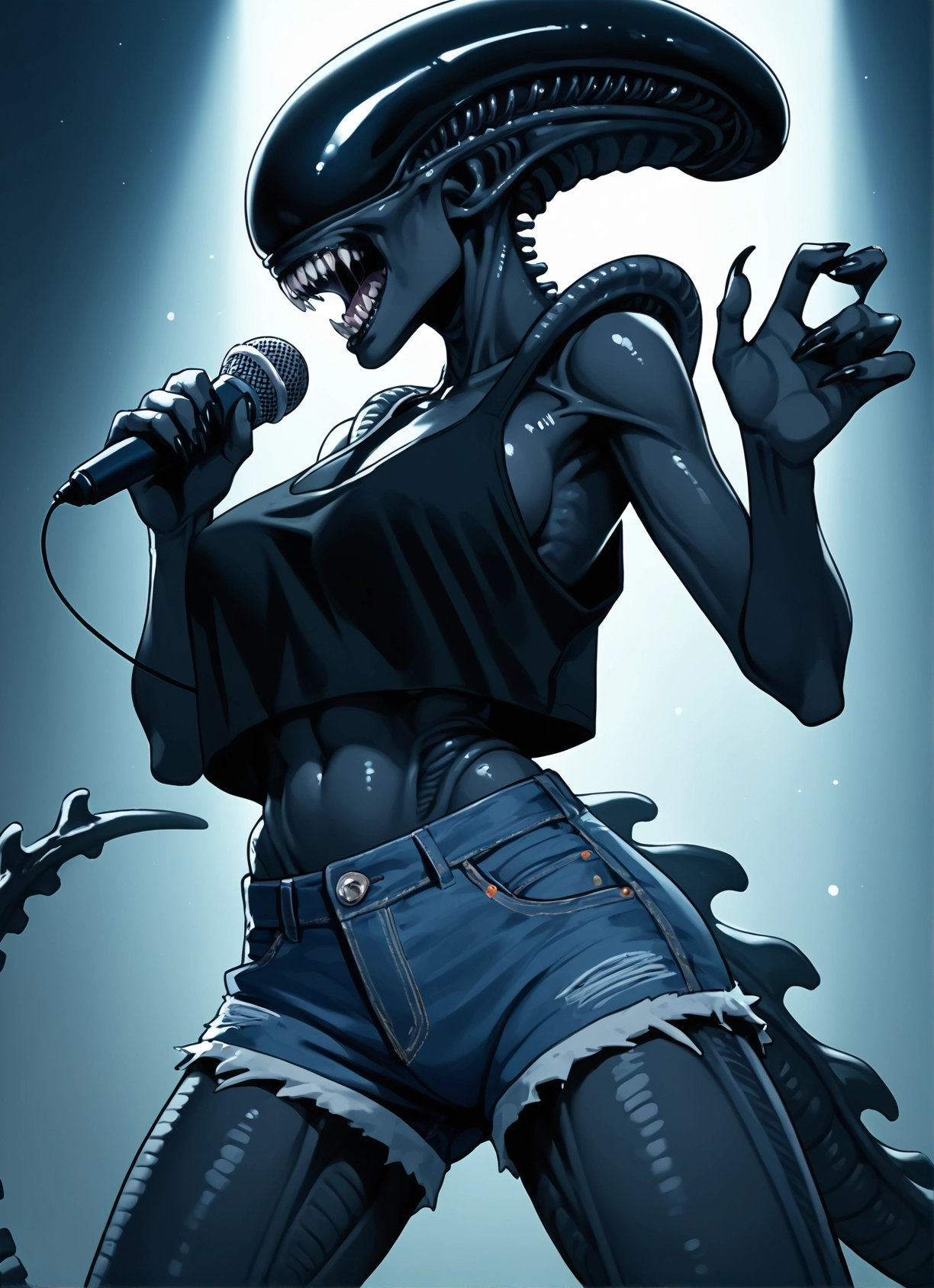 1girl, microphone, breasts, shorts, denim, teeth · Yamete.gg