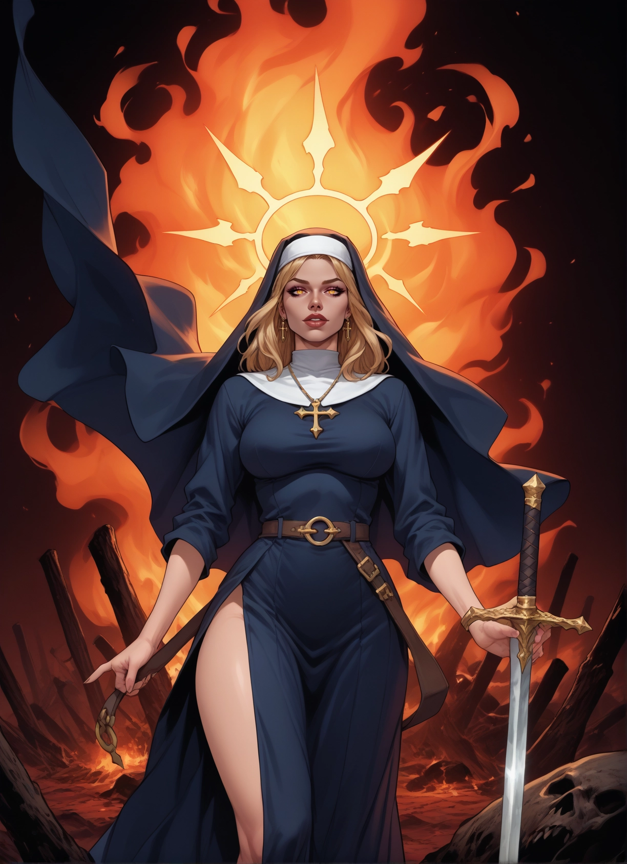 1girl, weapon, sword, nun, jewelry, habit · Yamete.gg