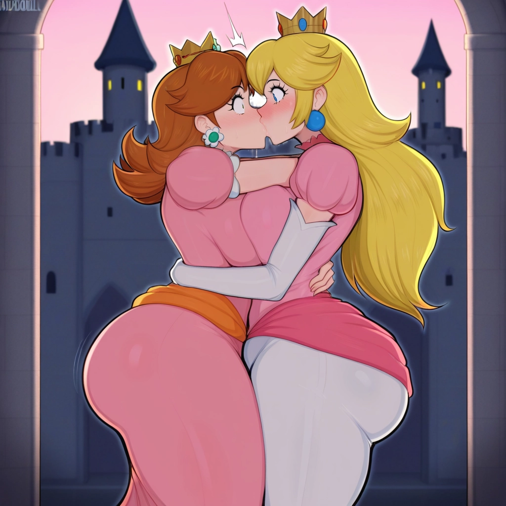 princess daisy, multiple girls, 2girls, blonde hair, kiss, pink dress