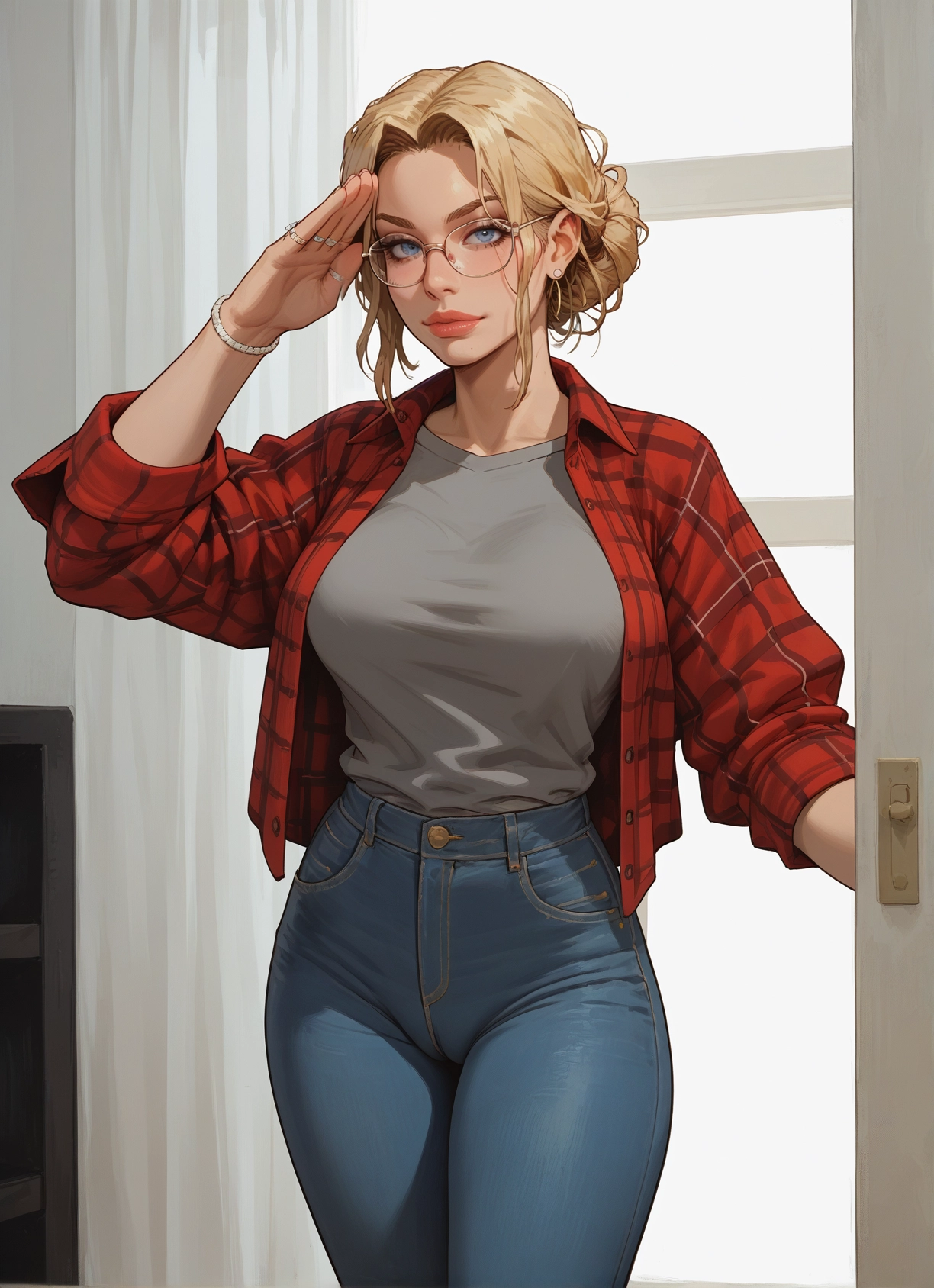 1girl, blonde hair, pants, jewelry, blue eyes, glasses · Yamete.gg