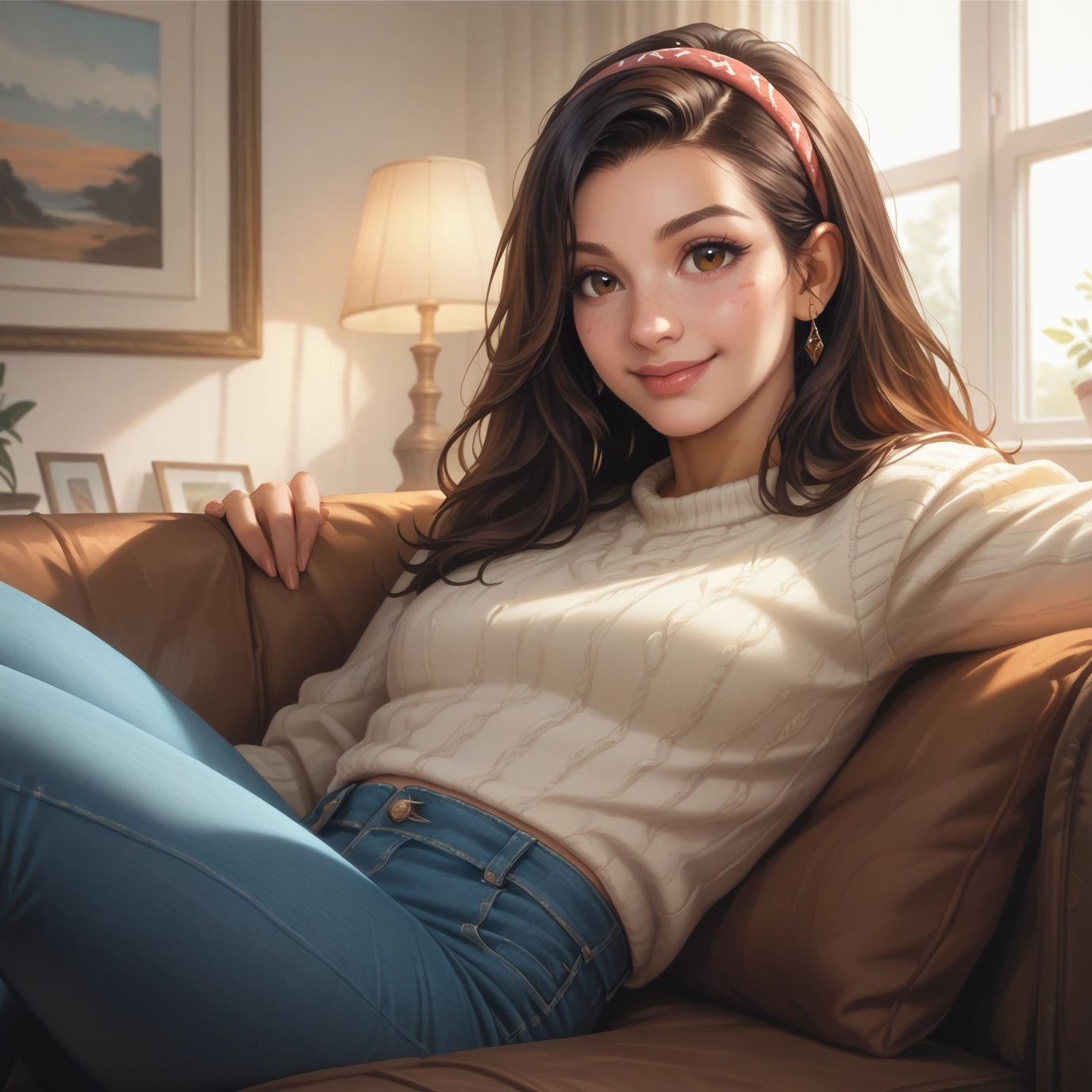 1girl, solo, jewelry, pants, earrings, brown eyes · Yamete.gg