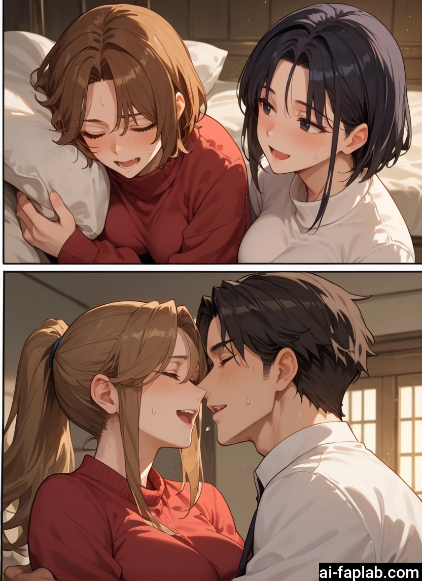 multiple girls, 2girls, 1boy, brown hair, blush, closed eyes · Yamete.gg