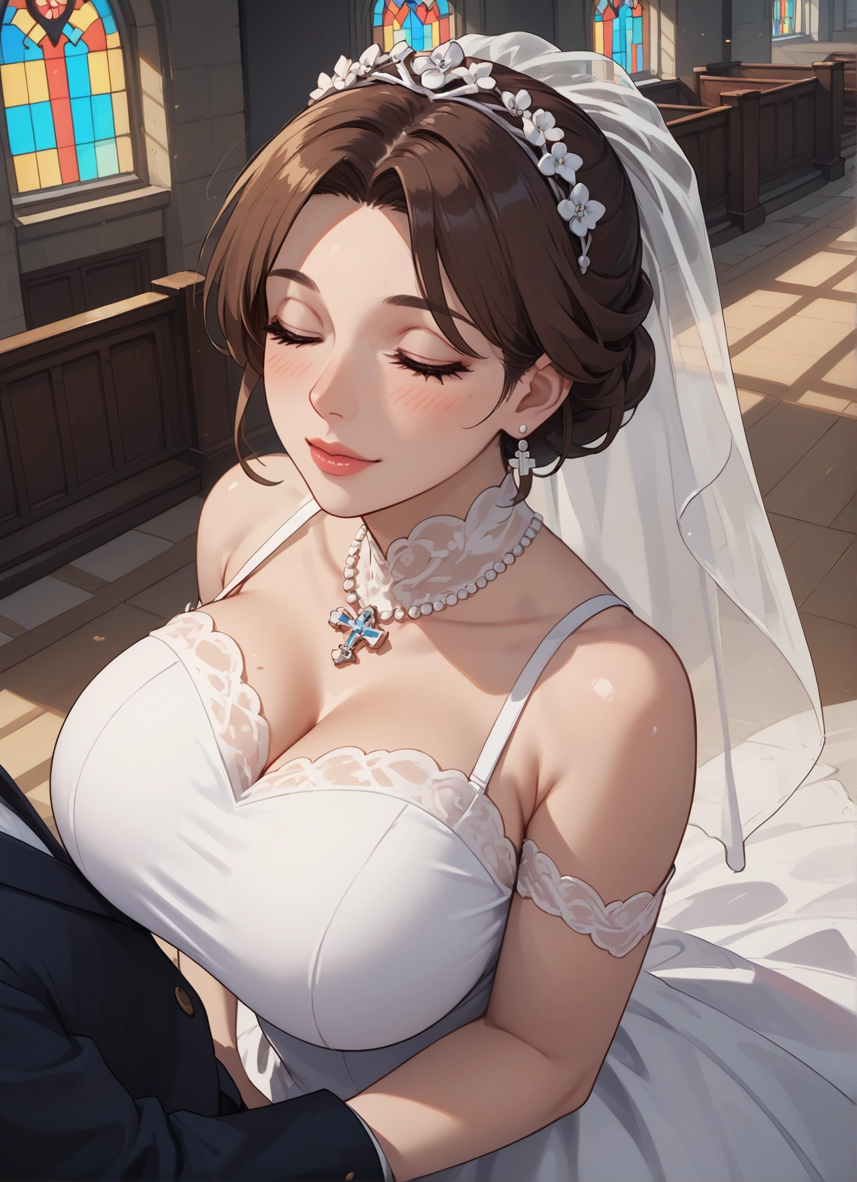 breasts, 1girl, dress, brown hair, closed eyes, wedding dress · Yamete.gg