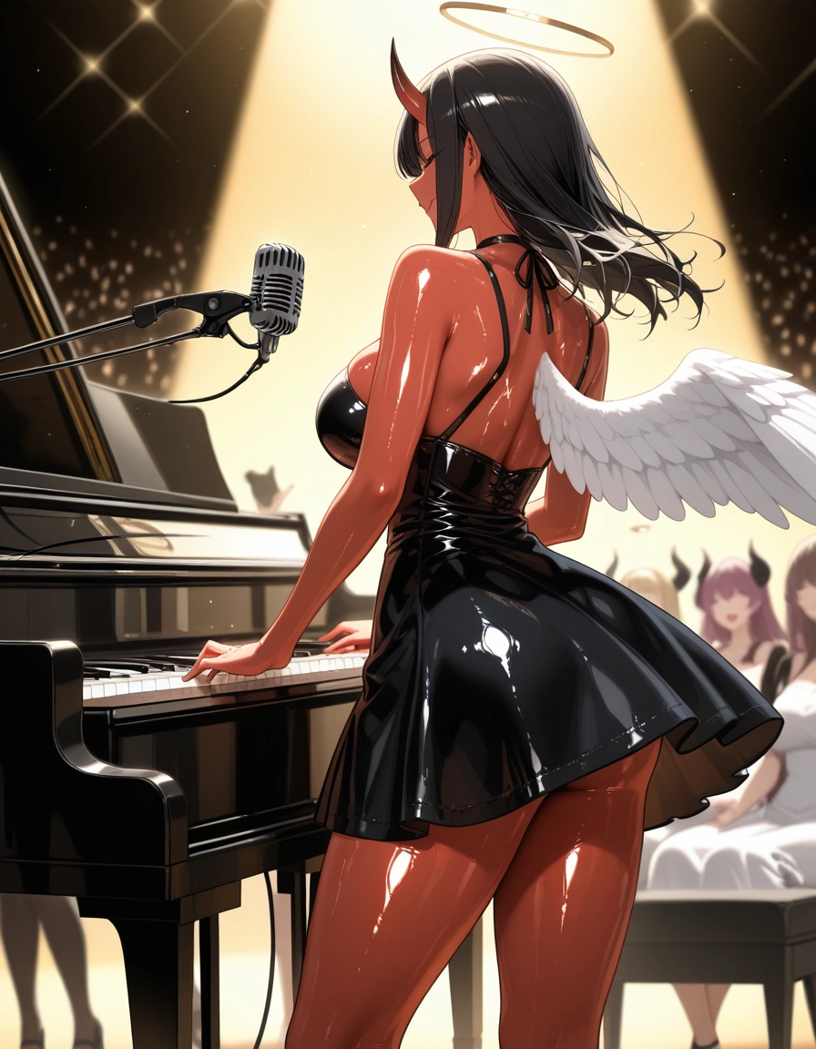 horns, breasts, instrument, wings, piano, dress · Yamete.gg