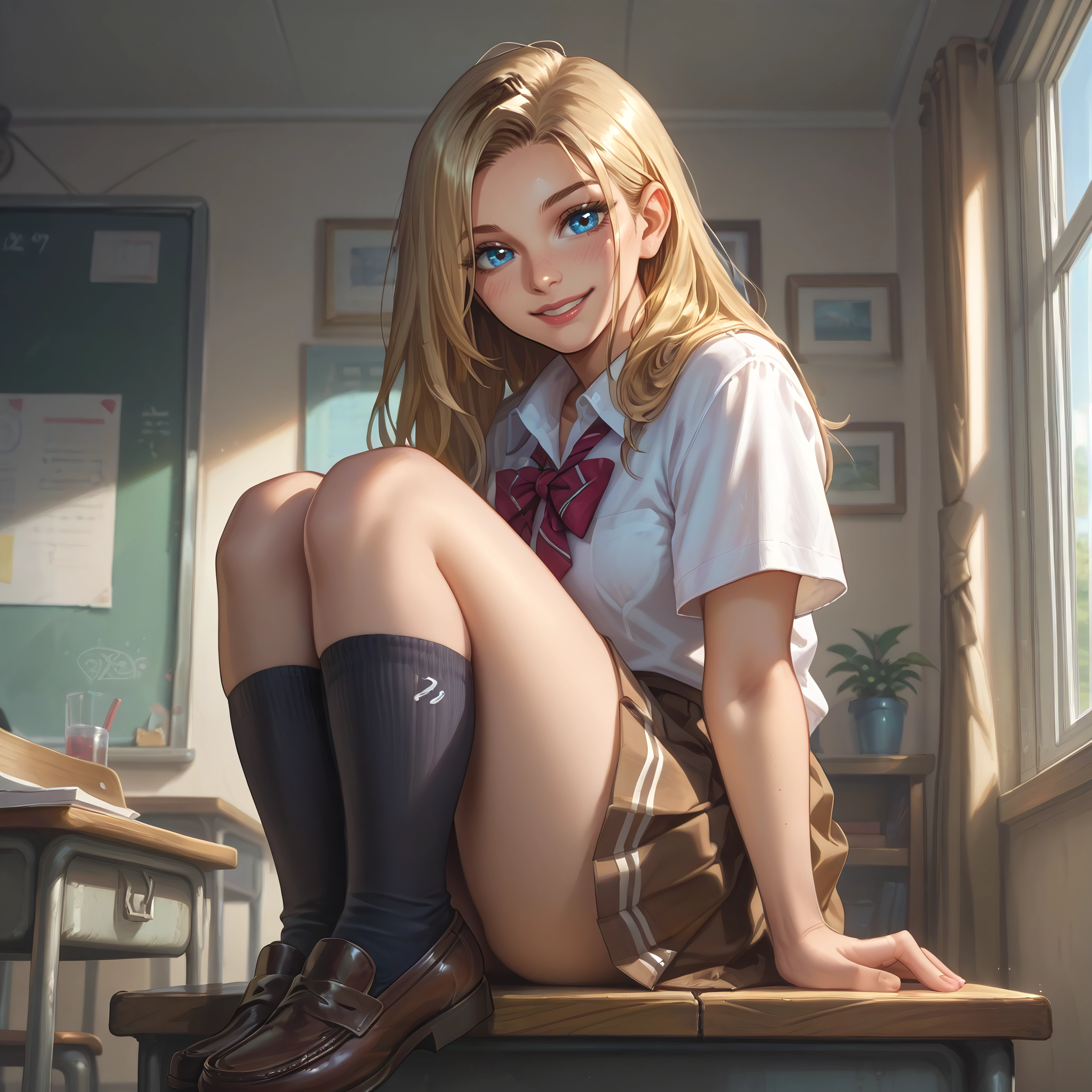 1girl, blonde hair, skirt, solo, blue eyes, smile · Yamete.gg