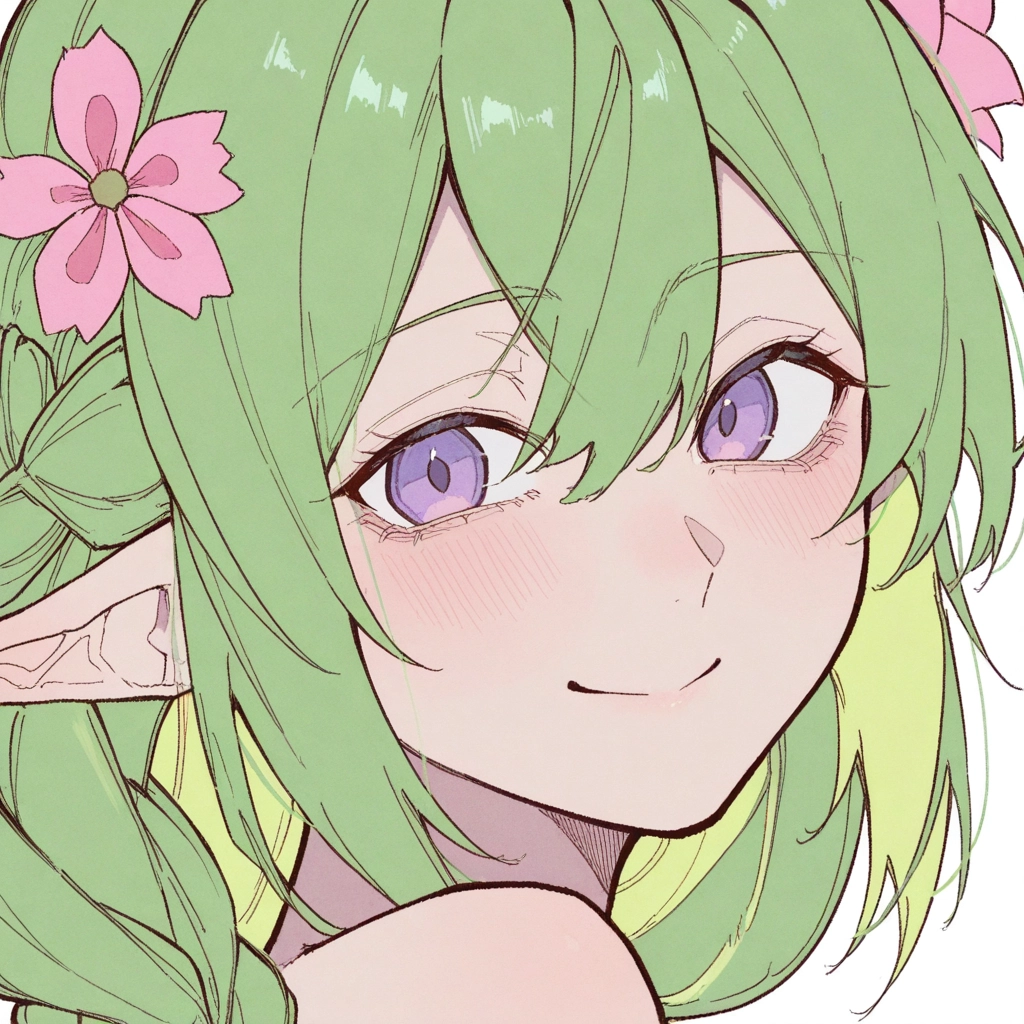 1girl, pointy ears, green hair, solo, flower, smile · Yamete.gg