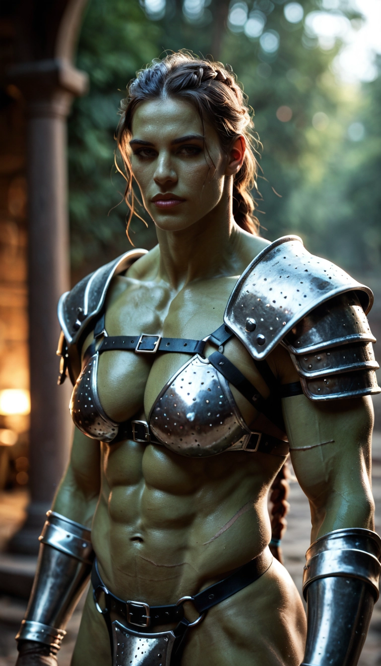 1girl, solo, armor, abs, scar, muscular