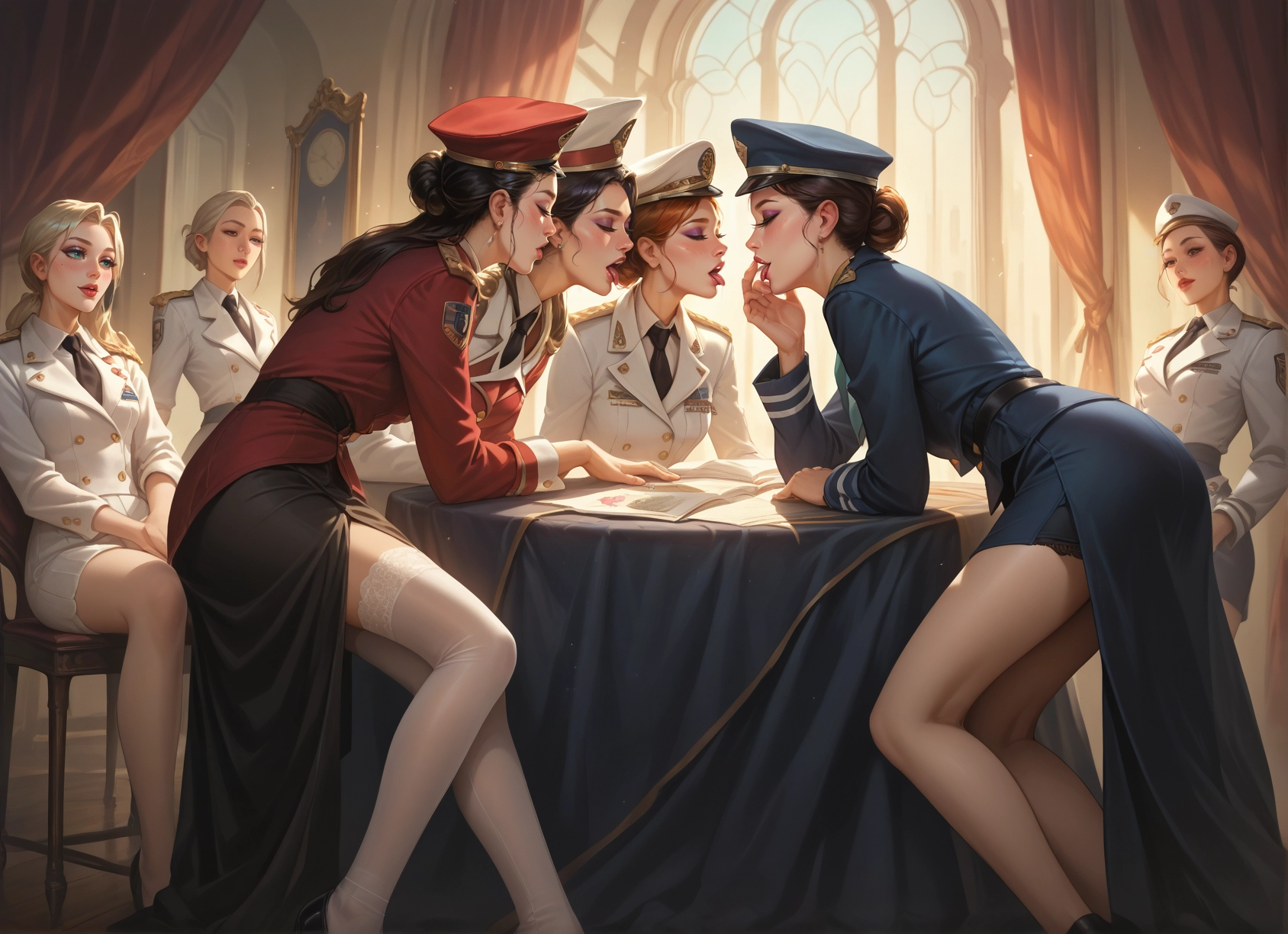 multiple girls, thighhighs, blonde hair, uniform, hat, skirt · Yamete.gg