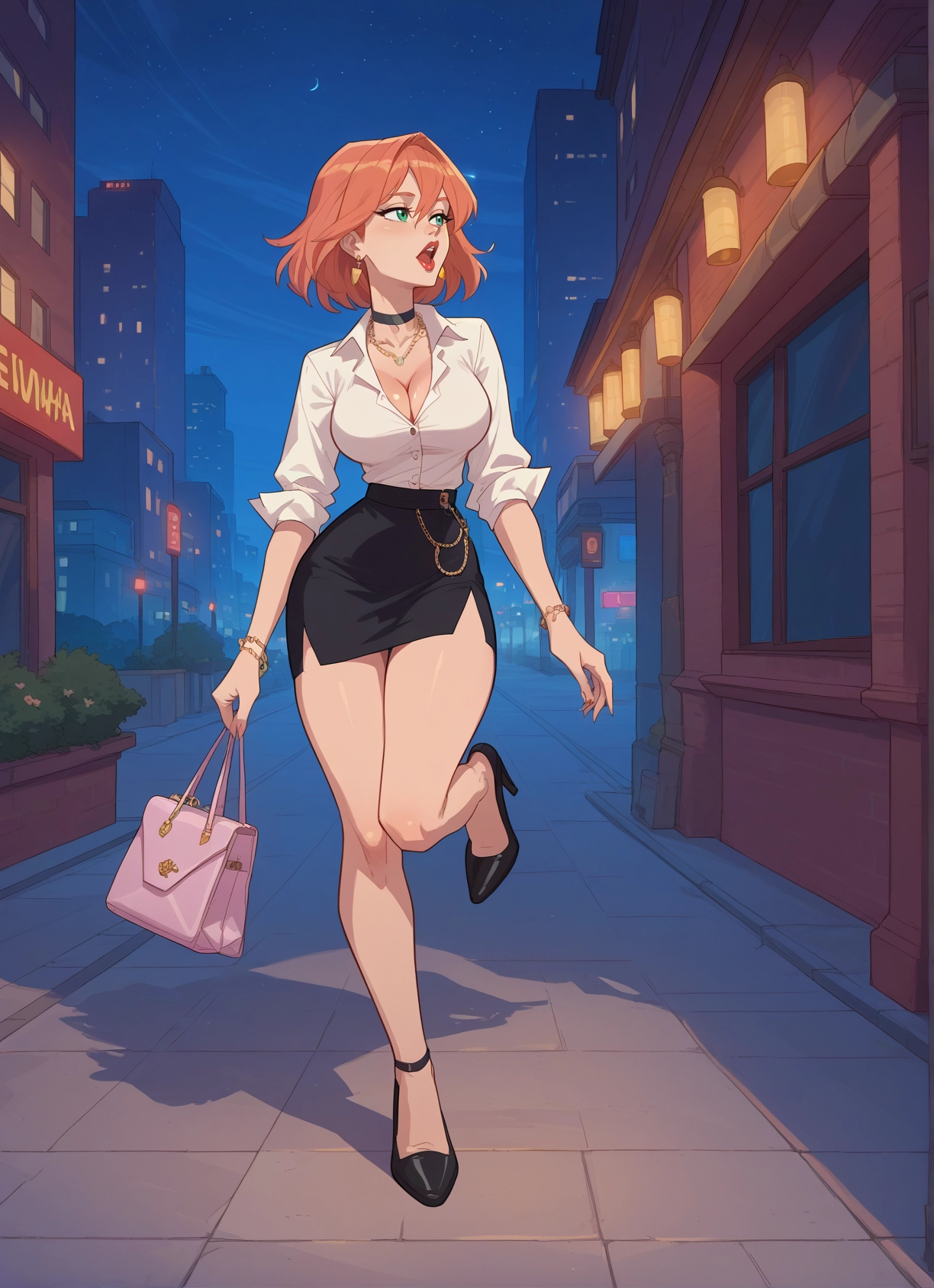 1girl, breasts, skirt, jewelry, bag, cleavage · Yamete.gg