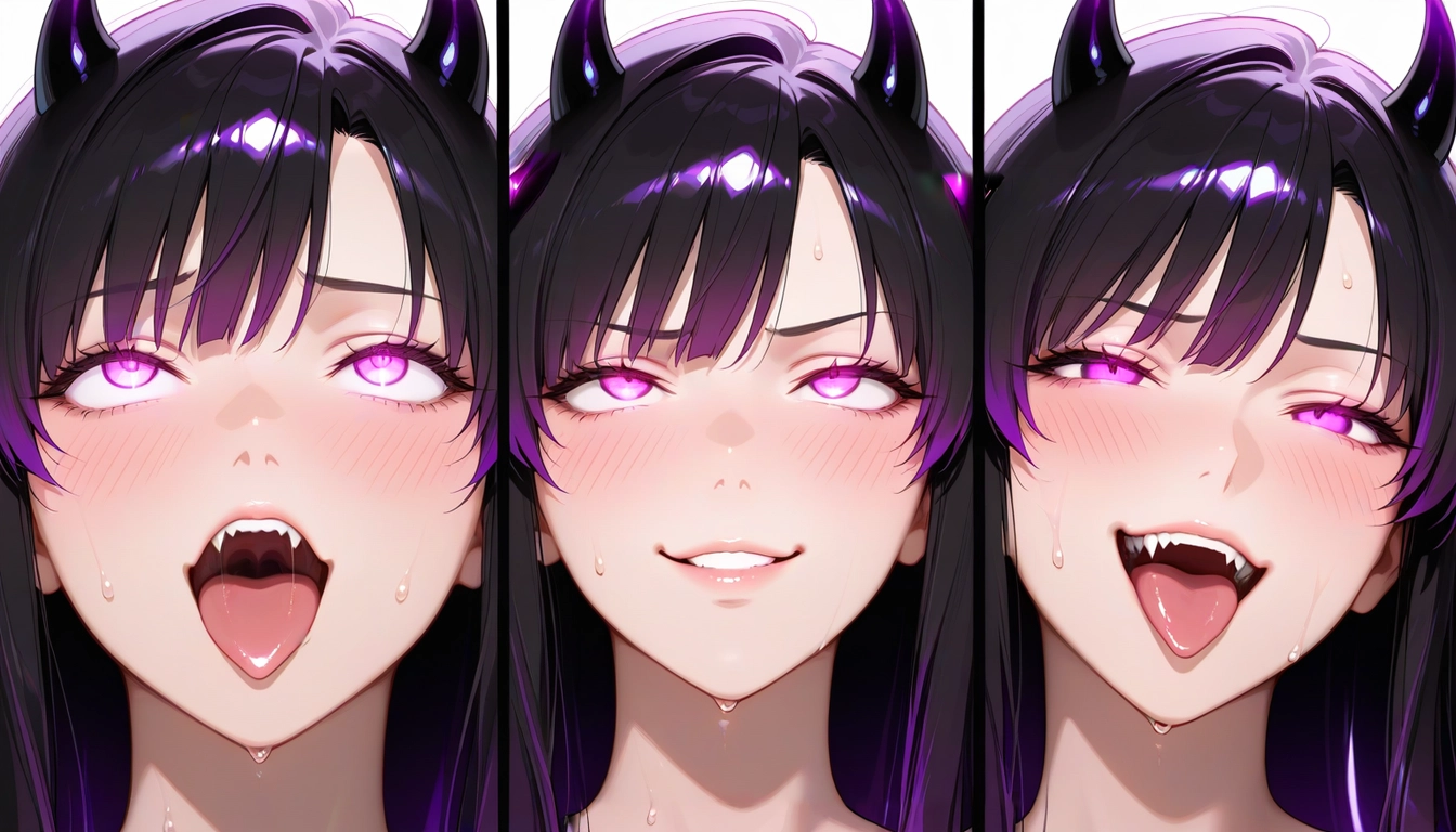 heart-shaped pupils, tongue, tongue out, blush, bangs, horns · Yamete.gg