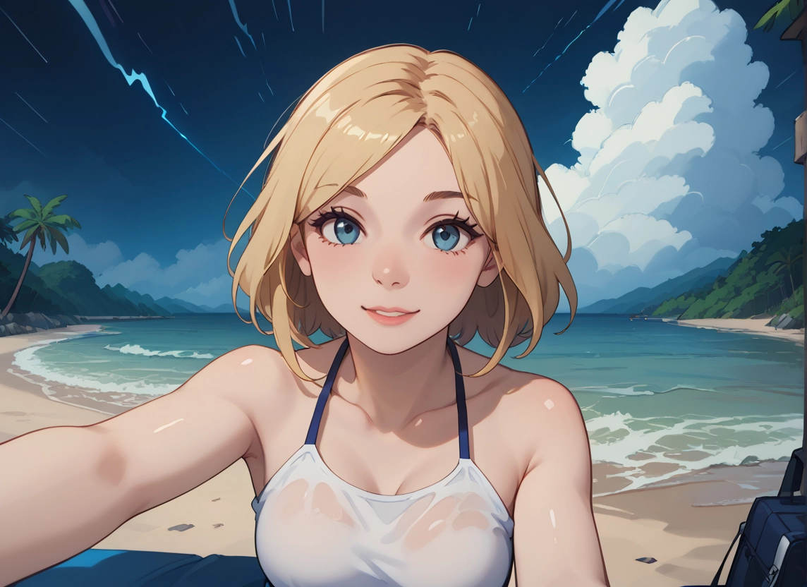 1girl, blonde hair, blue eyes, outdoors, looking at viewer, beach · Yamete.gg