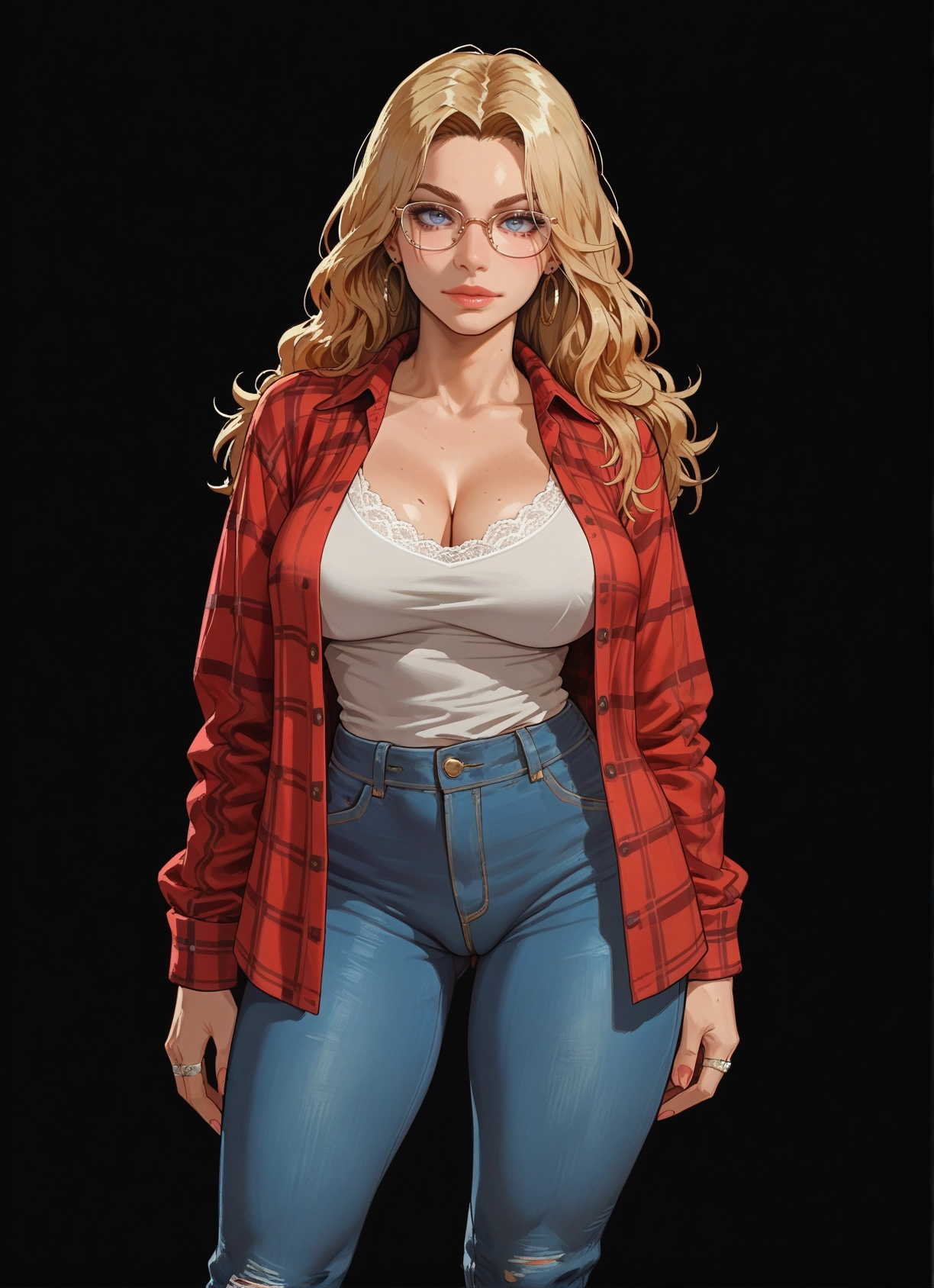 1girl, breasts, blonde hair, jewelry, pants, blue eyes · Yamete.gg