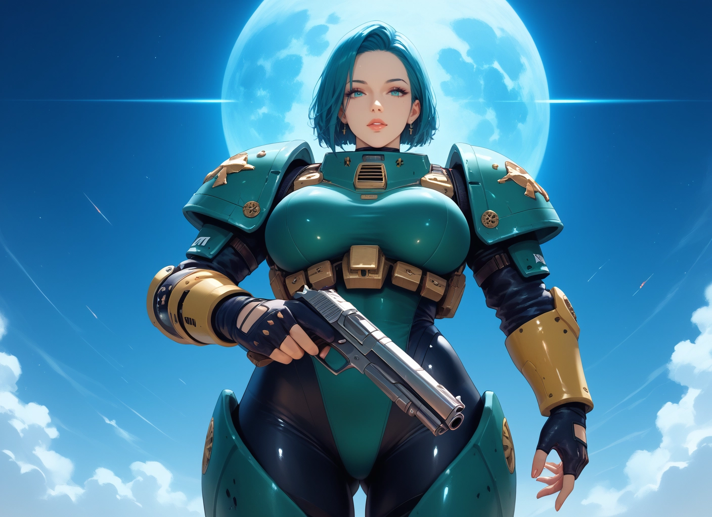 1girl, weapon, gun, gloves, breasts, solo · Yamete.gg