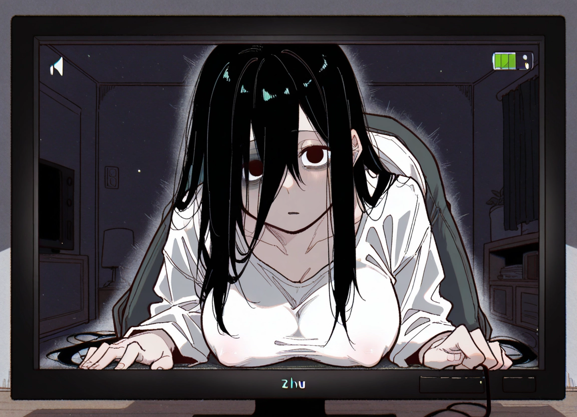 1girl, breasts, black hair, long hair, solo, shirt · Yamete.gg