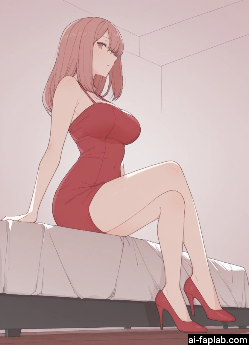 1girl, breasts, dress, high heels, solo, sitting