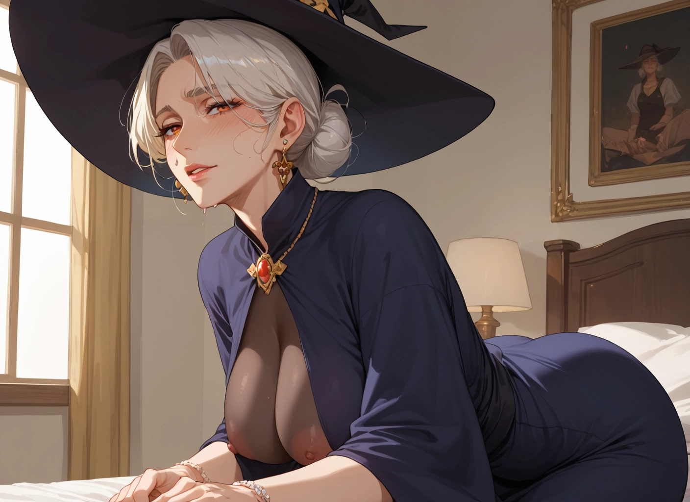 1girl, jewelry, breasts, witch hat, hat, mature female · Yamete.gg