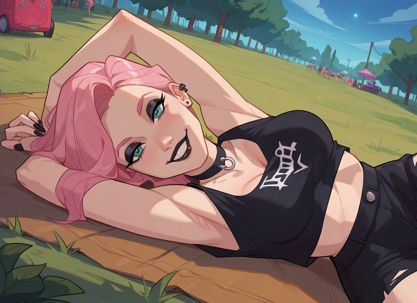 pink hair, 1girl, breasts, armpits, lying, choker · Yamete.gg