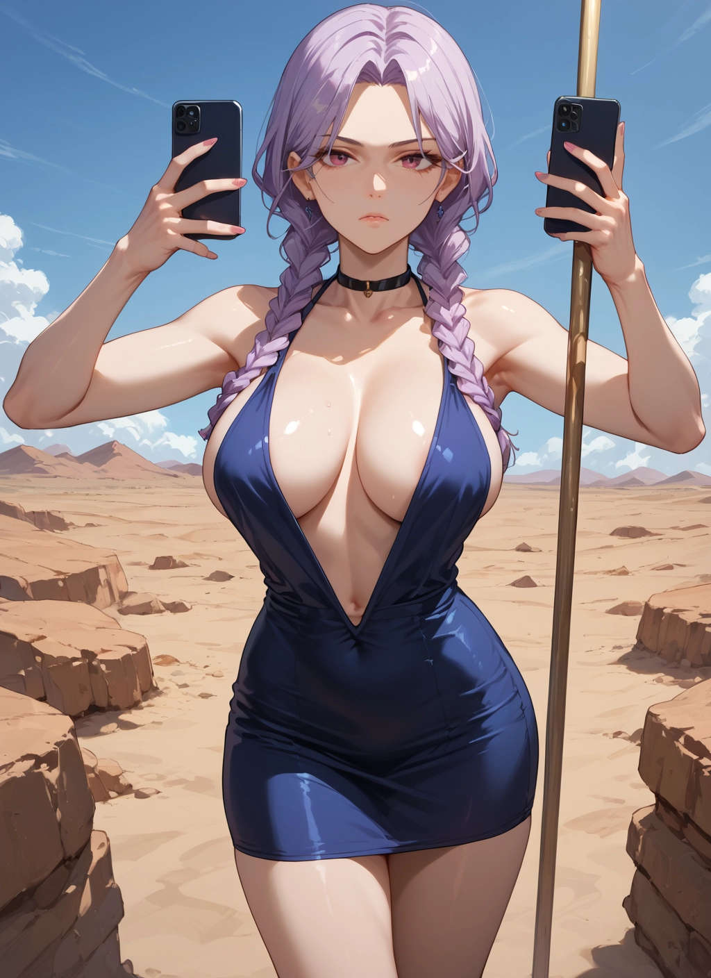 1girl, breasts, braid, phone, dress, large breasts · Yamete.gg