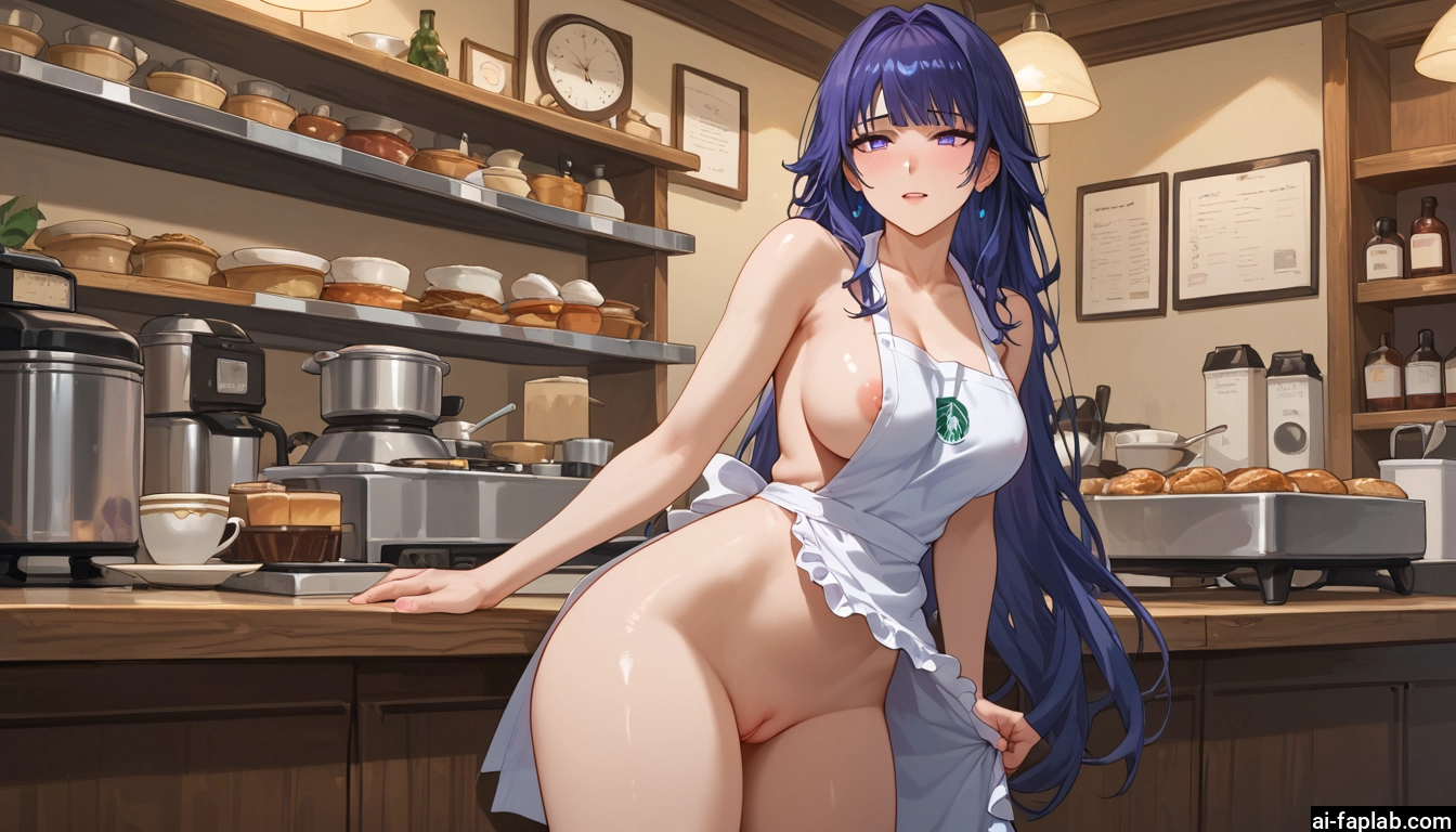 1girl, breasts, pussy, long hair, apron, solo