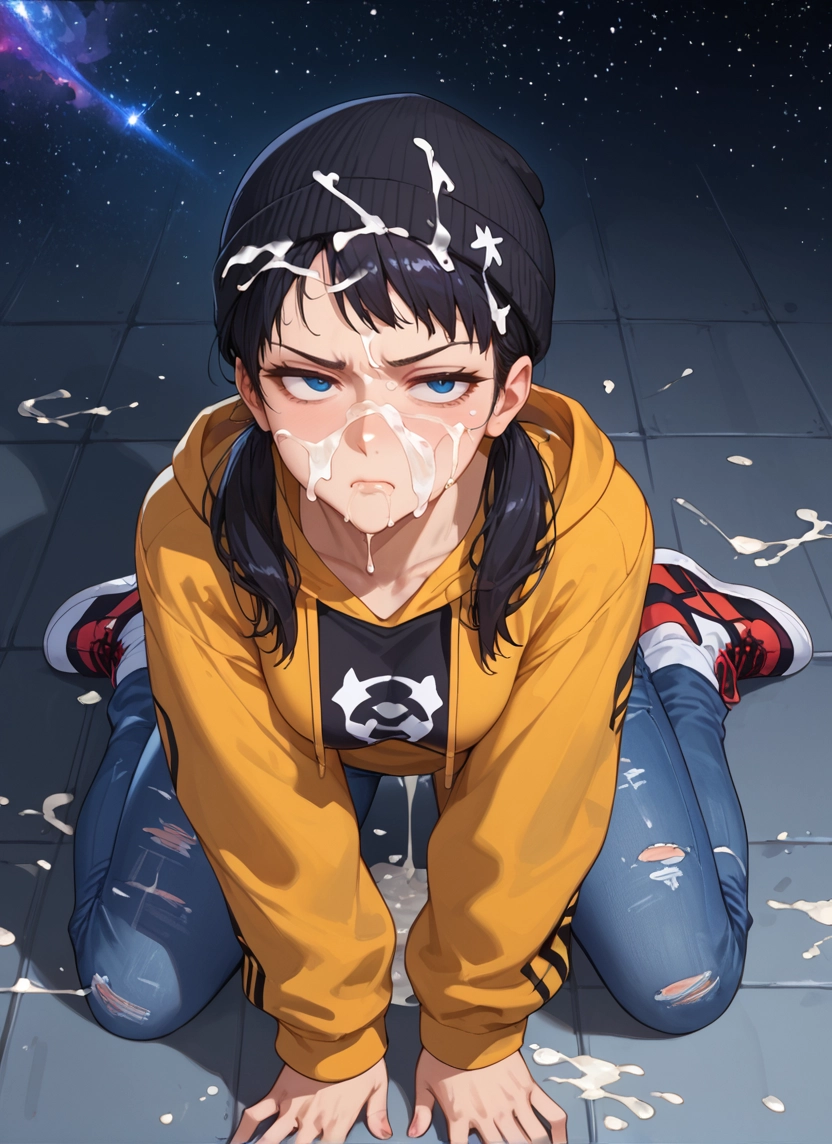 1girl, solo, cum, hood, black hair, facial · Yamete.gg