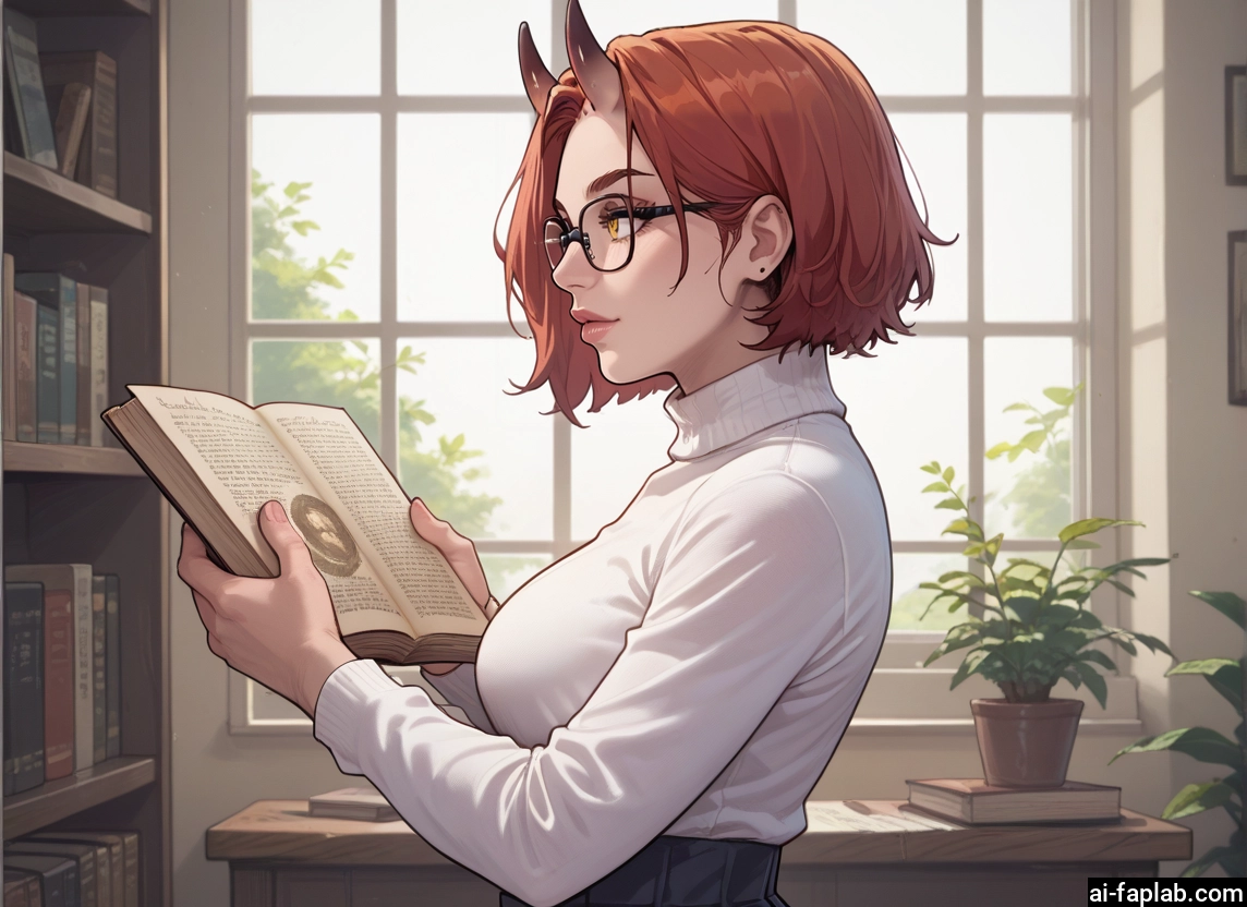 1girl, book, horns, glasses, solo, sweater · Yamete.gg