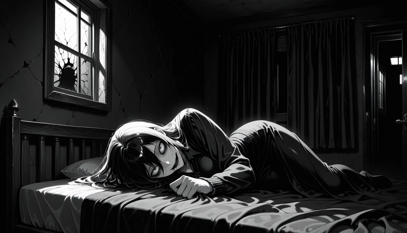 1girl, monochrome, greyscale, window, lying, on side · Yamete.gg