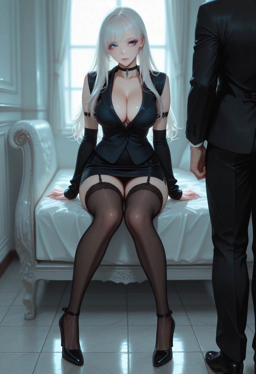1girl, thighhighs, breasts, white hair, large breasts, cleavage · Yamete.gg