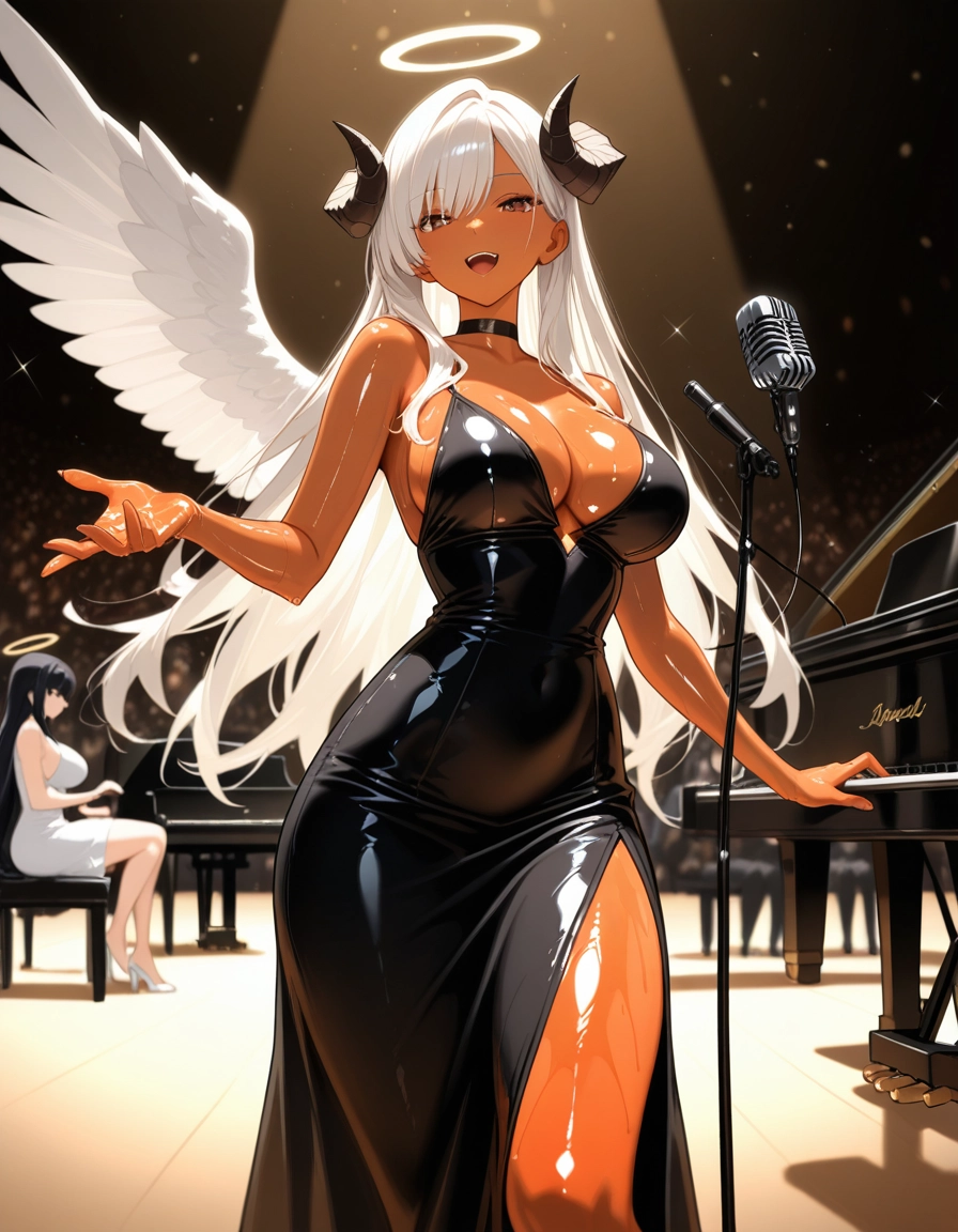 breasts, multiple girls, wings, 2girls, dress, horns · Yamete.gg