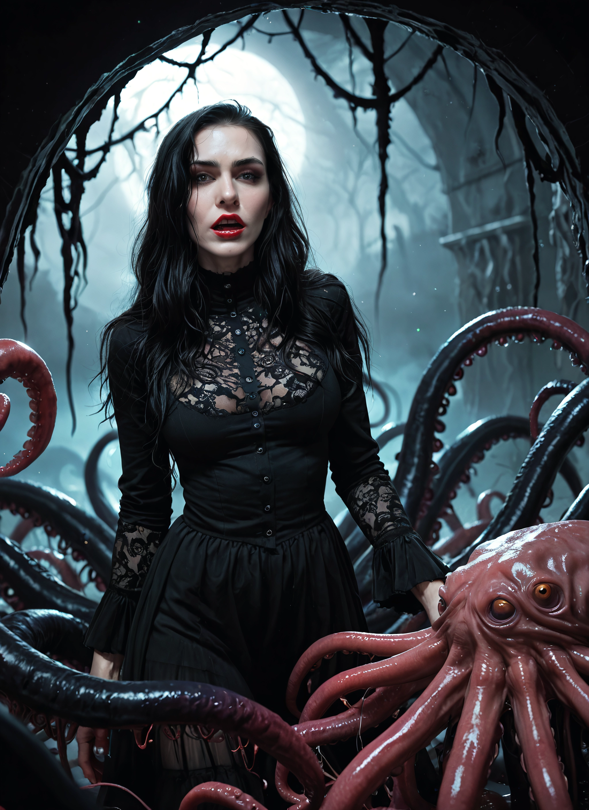 1girl, tentacles, black hair, dress, long hair, solo · Yamete.gg