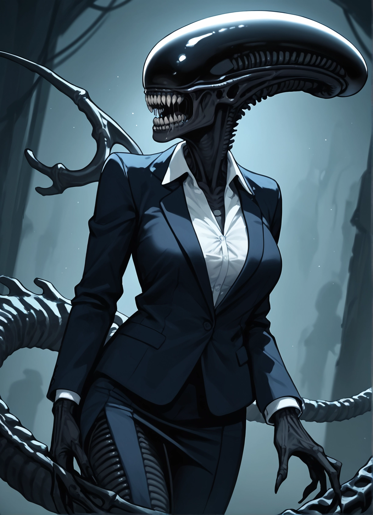 1girl, breasts, formal, suit, skirt, teeth