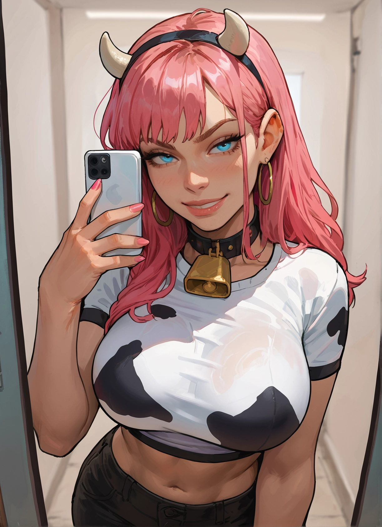 1girl, breasts, phone, jewelry, earrings, pink hair · Yamete.gg