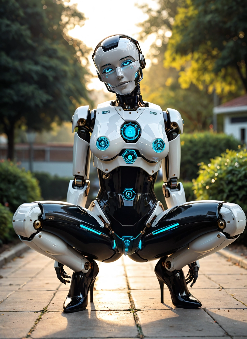 1girl, solo, squatting, high heels, blue eyes, robot joints · Yamete.gg