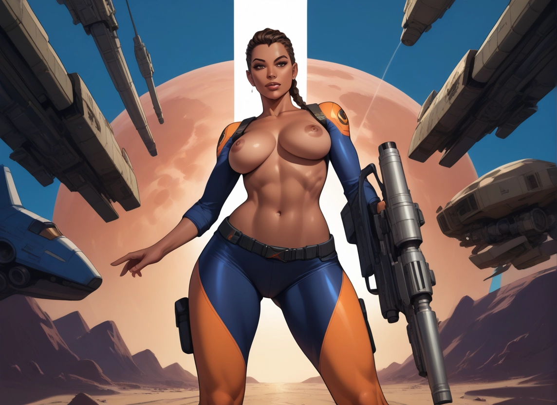 1girl, breasts, nipples, weapon, gun, solo · Yamete.gg