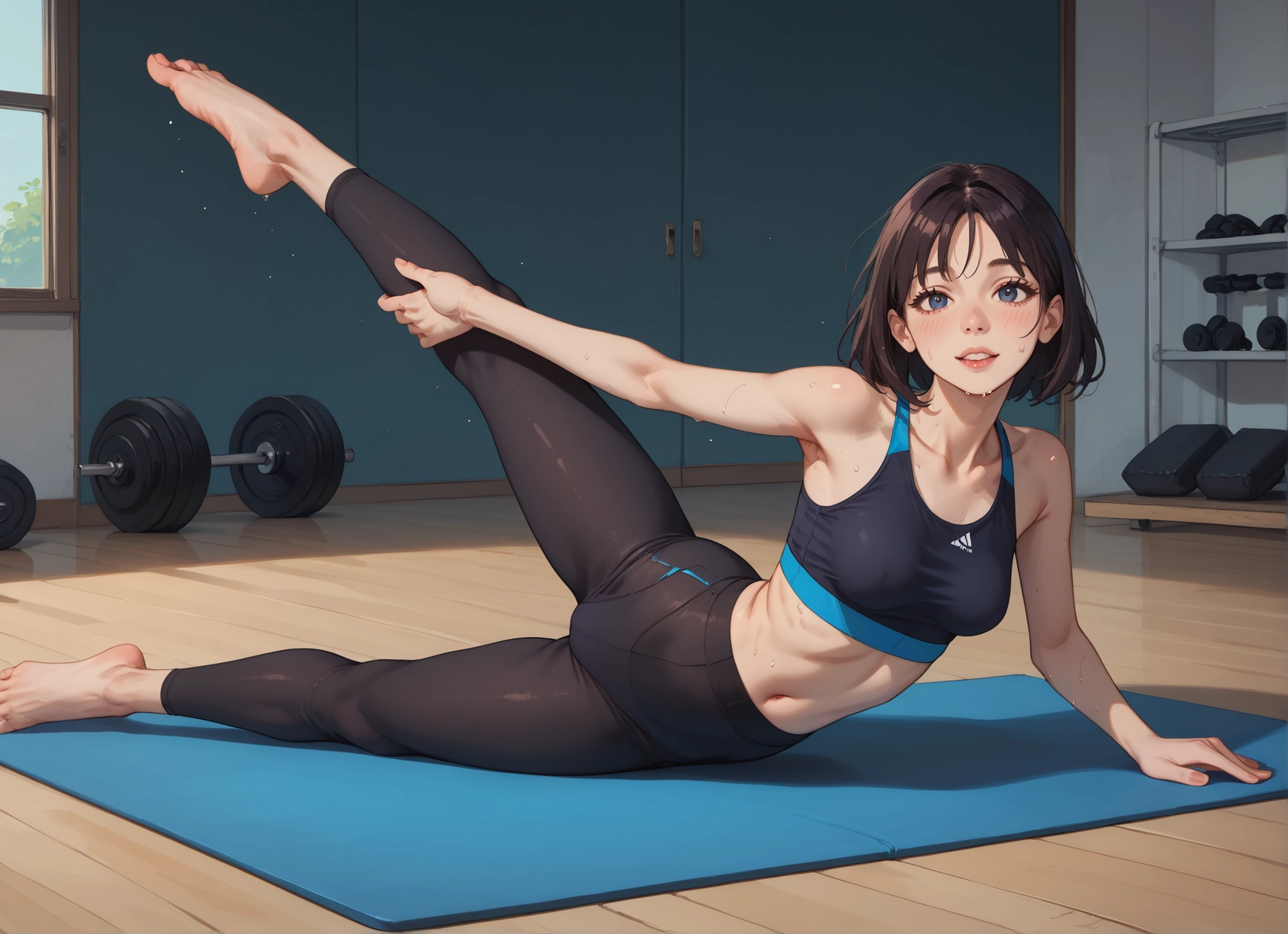 1girl, solo, barefoot, blue eyes, breasts, indoors