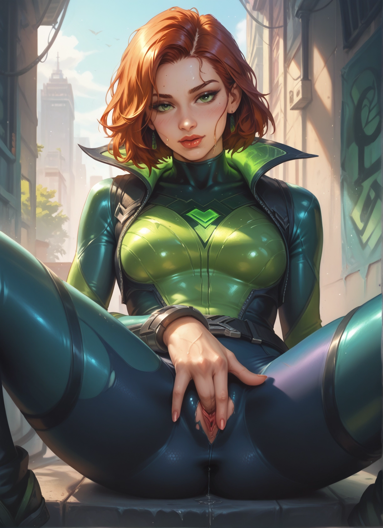 1girl, green eyes, pussy, bodysuit, jewelry, solo · Yamete.gg