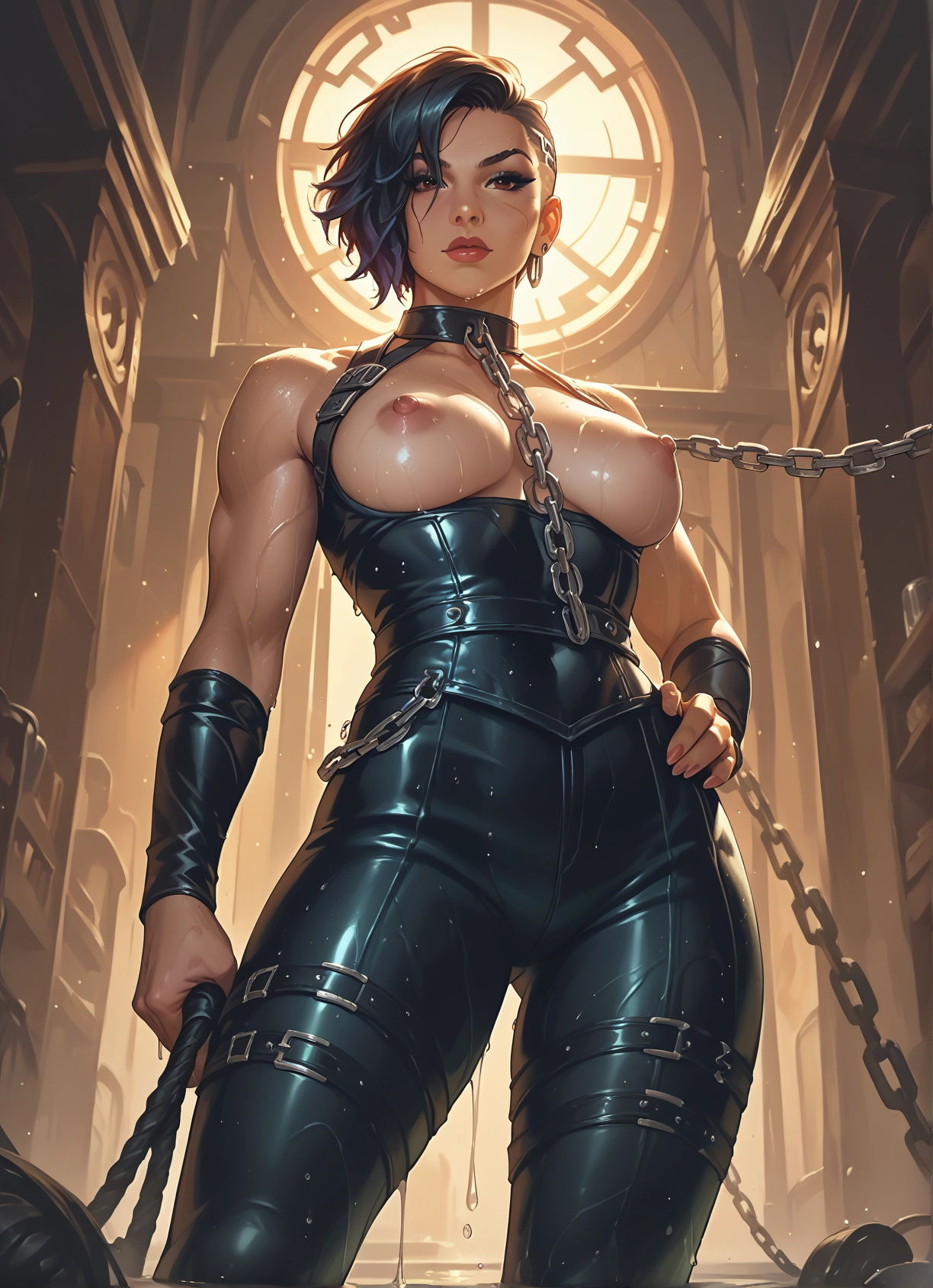 1girl, breasts, nipples, jewelry, chain, earrings · Yamete.gg