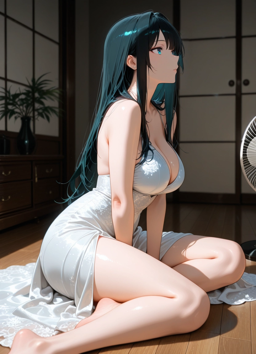 1girl, breasts, solo, dress, long hair, sitting · Yamete.gg
