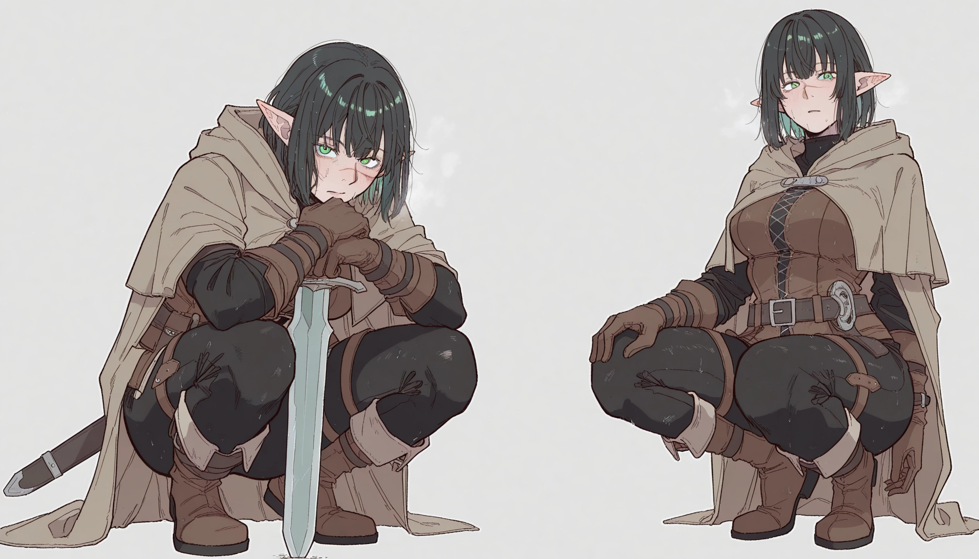 1girl, pointy ears, squatting, weapon, gloves, sword · Yamete.gg